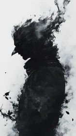 Smoky raven-headed silhouette dissolves into swirling mist