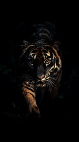 Low key portrait of stalking tiger in dramatic chiaroscuro light