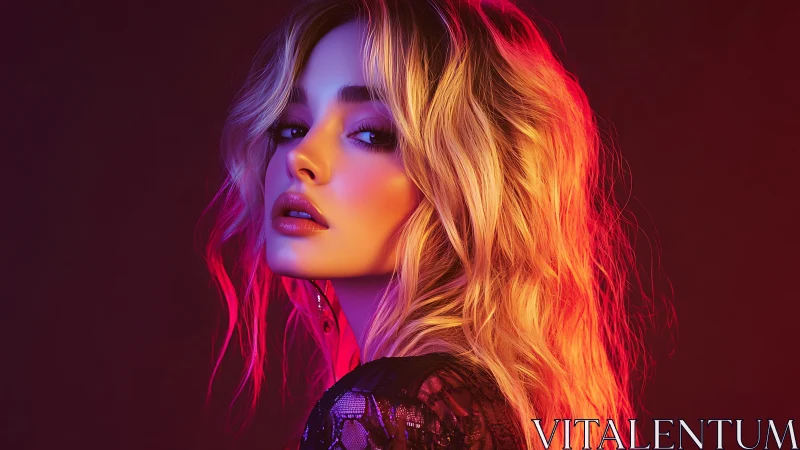 Neon-lit portrait highlights flowing blonde waves and glow.