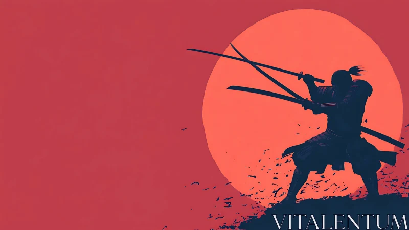 Silhouetted swordsman stands before a flat circular sun backdrop