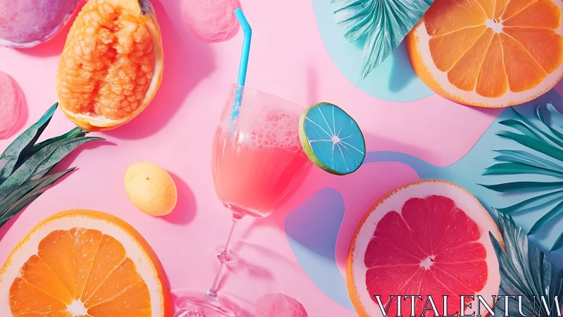 Tropical Summer Flat Lay with Citrus Fruits and Cocktail.