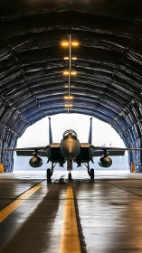 Jet aircraft is positioned centrally inside arched hangar