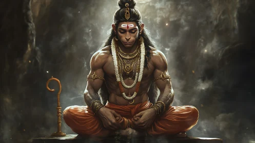 Meditating warrior monkey god in smoky golden cave stillness.