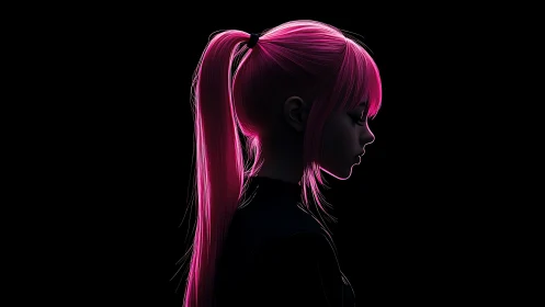 Neon pink-haired girl in moody side-profile silhouette portrait.