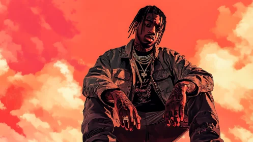 Digital illustration depicts seated figure against orange sky