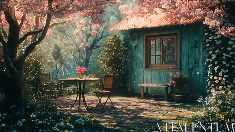 Sunlit garden cottage invites quiet springtime reflection