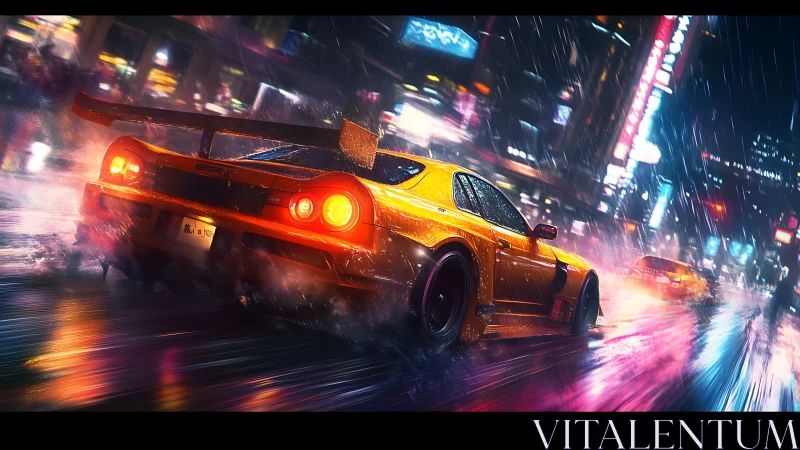 Neon orange street racer slicing through rainy city night.