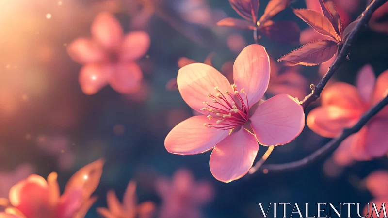 Pink Spring Blossoms with Golden Bokeh Light.