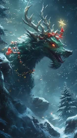 Holiday forest dragon brightens a snowy winter night.