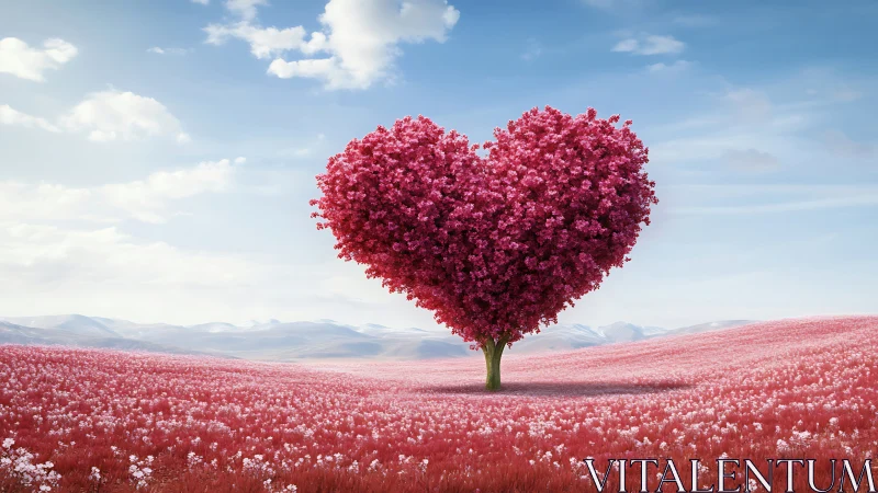 Heart-Shaped Tree in Crimson Flower Field.