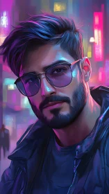 Neon-lit urban portrait of bearded man in reflective glasses.