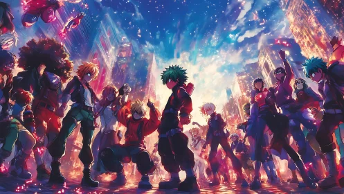 Crowd of costumed anime heroes in glowing city street.