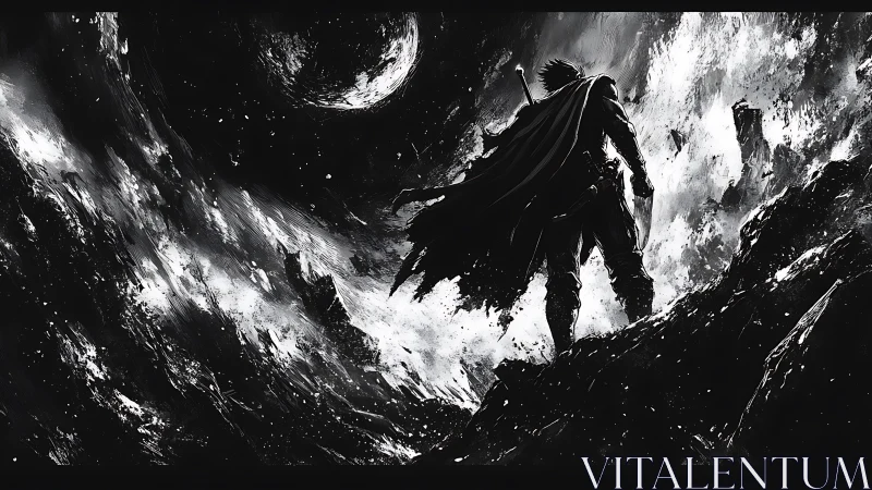 Lone sword warrior surveys storm-torn monochrome abyss.