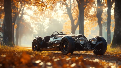 Vintage black roadster basks in golden autumn forest light