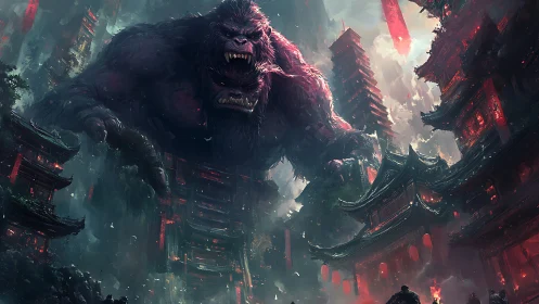 Giant gorilla towering over burning neon cityscape.