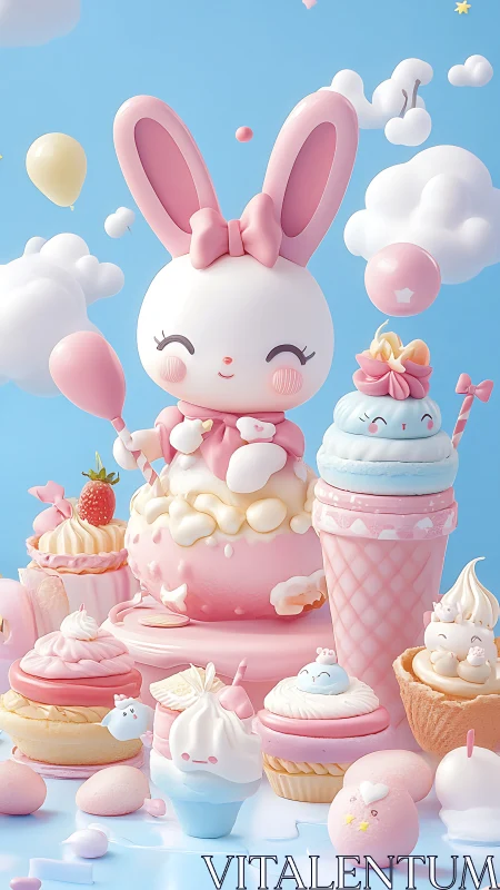 Whimsical 3D Bunny Character Surrounded by Confectionery and Playful Elements