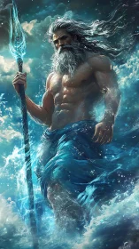 Mythic sea god with trident in stormy ocean waters.