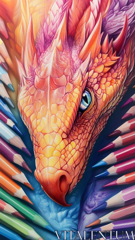 Dragon head illustration rendered with colored pencil realism