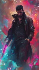 Neon noir gunslinger strides through electric midnight storm.