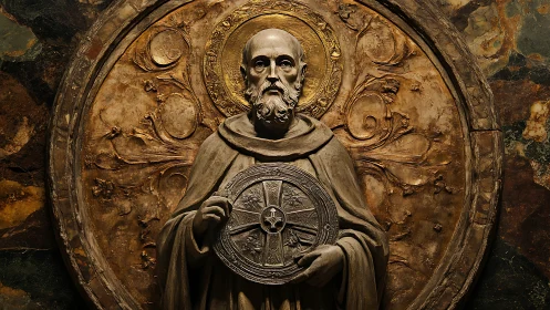 Medieval monk relief before ornate gilded halo medallion.