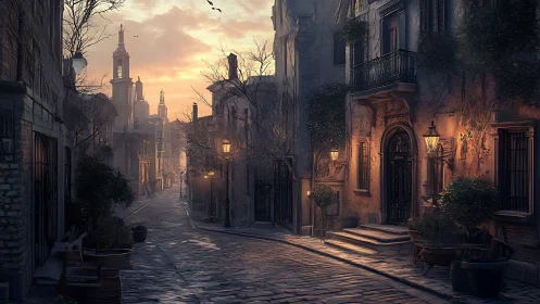Cobblestone street under warm lamplight at atmospheric dusk