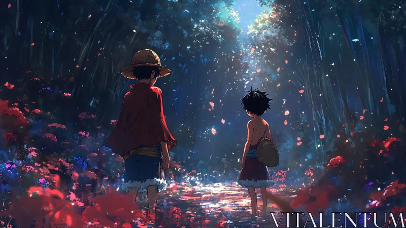 Child wanderers trade secrets under spellbound forest light.