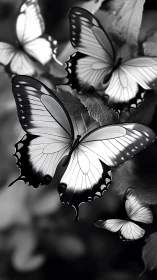 Monochrome butterflies in soft focus garden scene.
