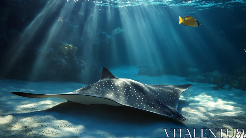Spotted manta ray gliding under sunlit shallow reef waters.
