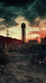 Sunset over a forgotten industrial road and silent tower.