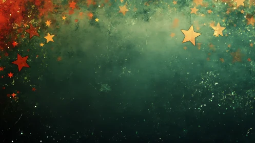 Golden and red stars drift across textured emerald sky