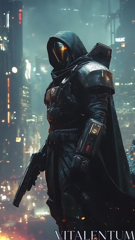 Hooded cybernetic ranger stands guard over neon city night