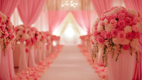 Romantic pink wedding aisle with lush rose arrangements.