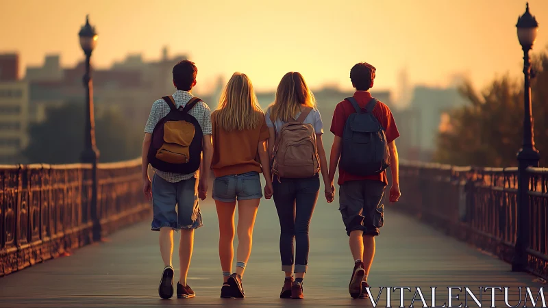 Four young people walking on urban bridge at sunset light.