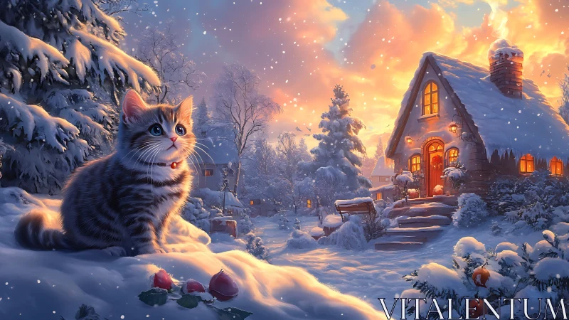 Tabby kitten in luminous winter snow beside cottage glow.