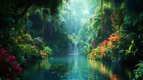 Lush jungle lagoon glows around a hidden waterfall sanctuary.