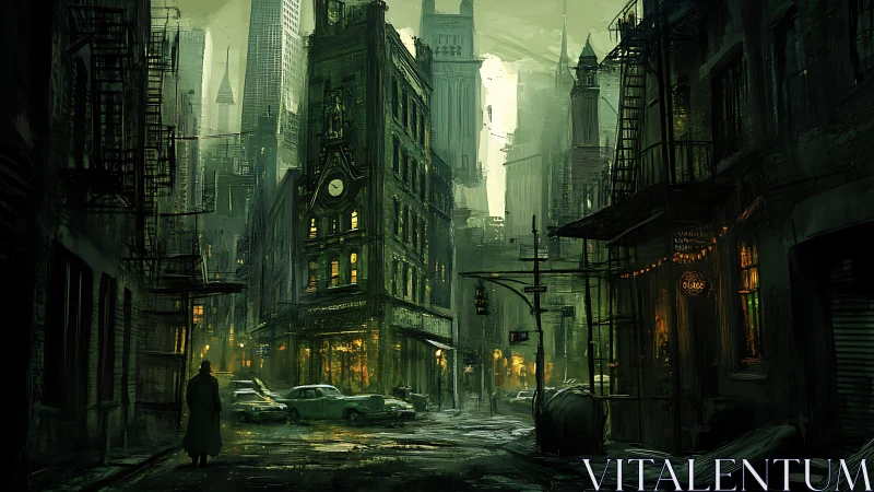 Digital painting of neo-noir city alley with central clock tower.