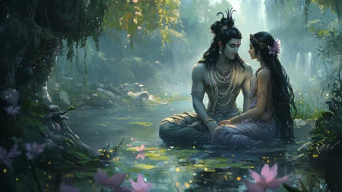 Enchanted lovers share a quiet moment beside a forest pool