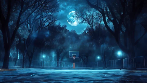 Moonlit outdoor basketball court in quiet blue forest.