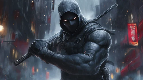 Cyberpunk hooded assassin in neon rain, dynamic mid-shot framing.