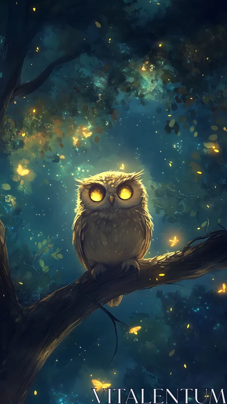 Luminous forest owl on branch in atmospheric night digital painting.