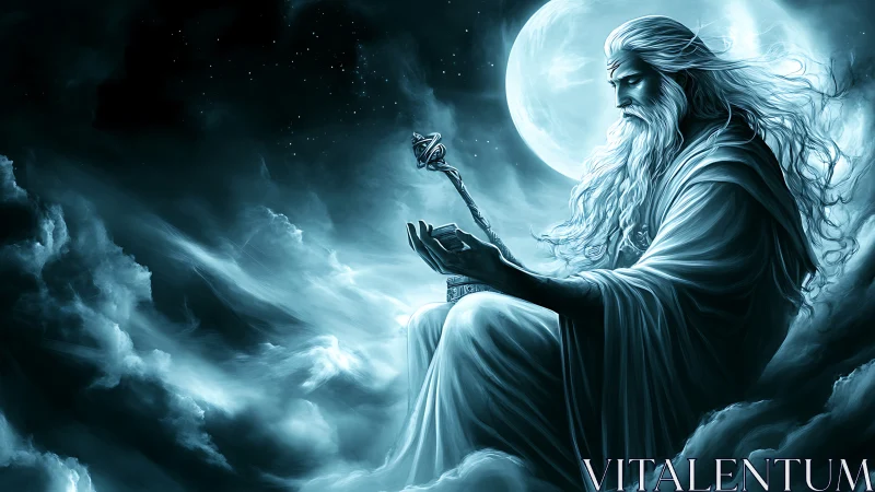 Robe-clad bearded figure with staff seated among clouds.