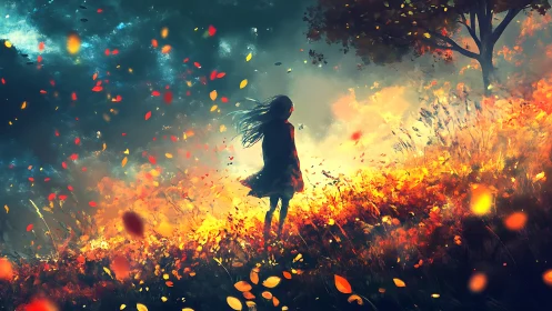 Solitary girl in blazing autumn field under stormy sky.