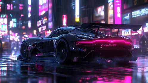 Neon soaked supercar glowing in a rainy cyberpunk night.