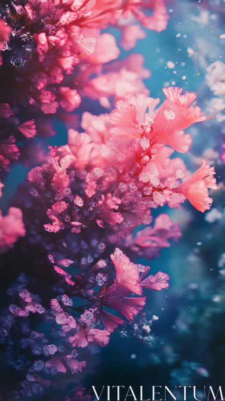 Coral blossoms drift like nebulae through turquoise twilight