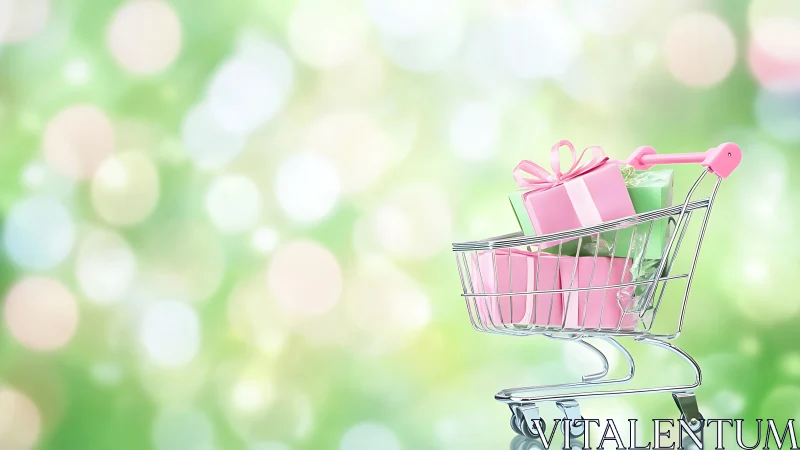 Chromed gift cart with pastel parcels on bokeh field.