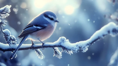 Winter songbird on snowy branch in soft natural light, photorealistic.