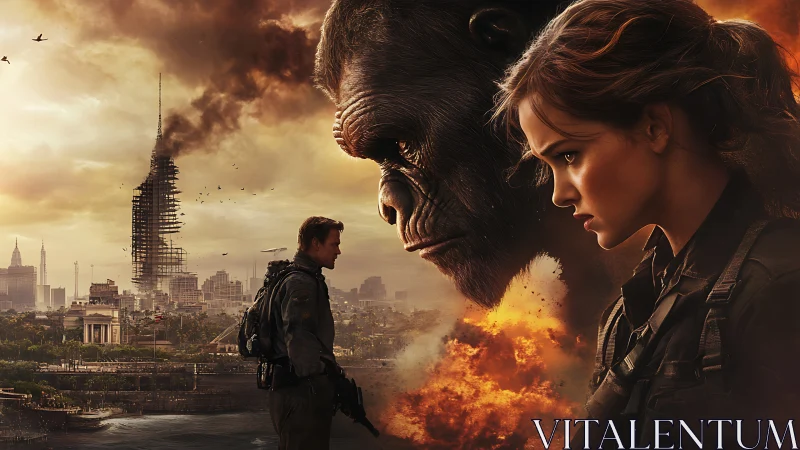 Humans and ape face off over ruined burning cityscape.