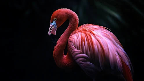 Vibrant flamingo portrait on deep black background.