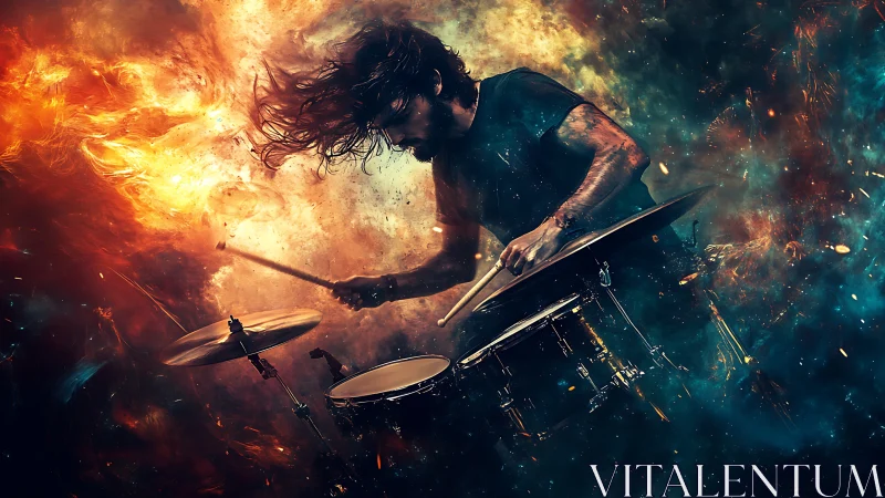 Fiery cosmic drummer unleashes explosive rhythm energy live