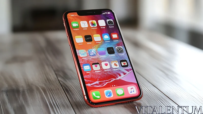 Red iPhone in Focus Against Wooden Surface.